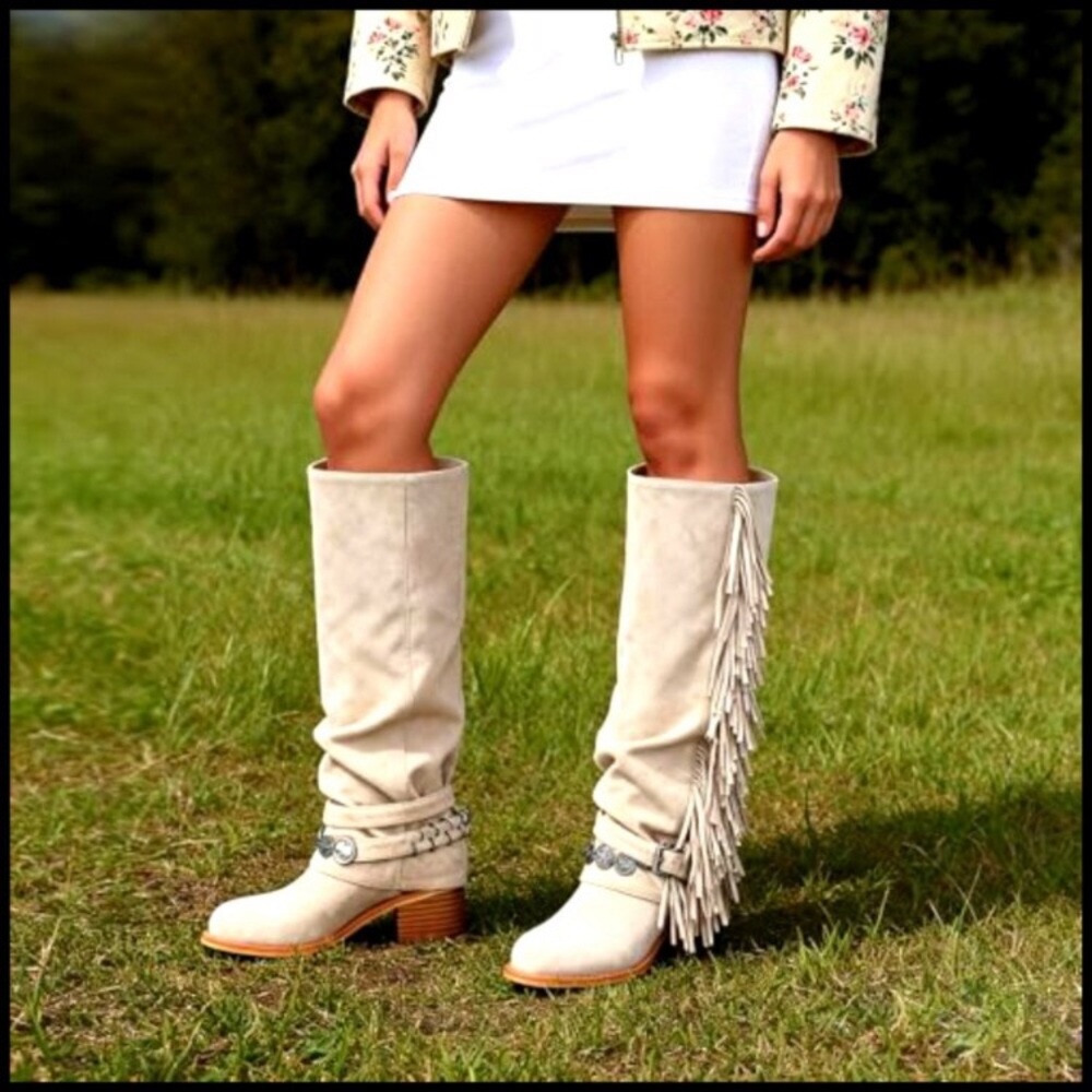 Knee High Riding Boots Fringe Tassels Chunky Heel Square Toe Boho Chic - Picture 4 of 7